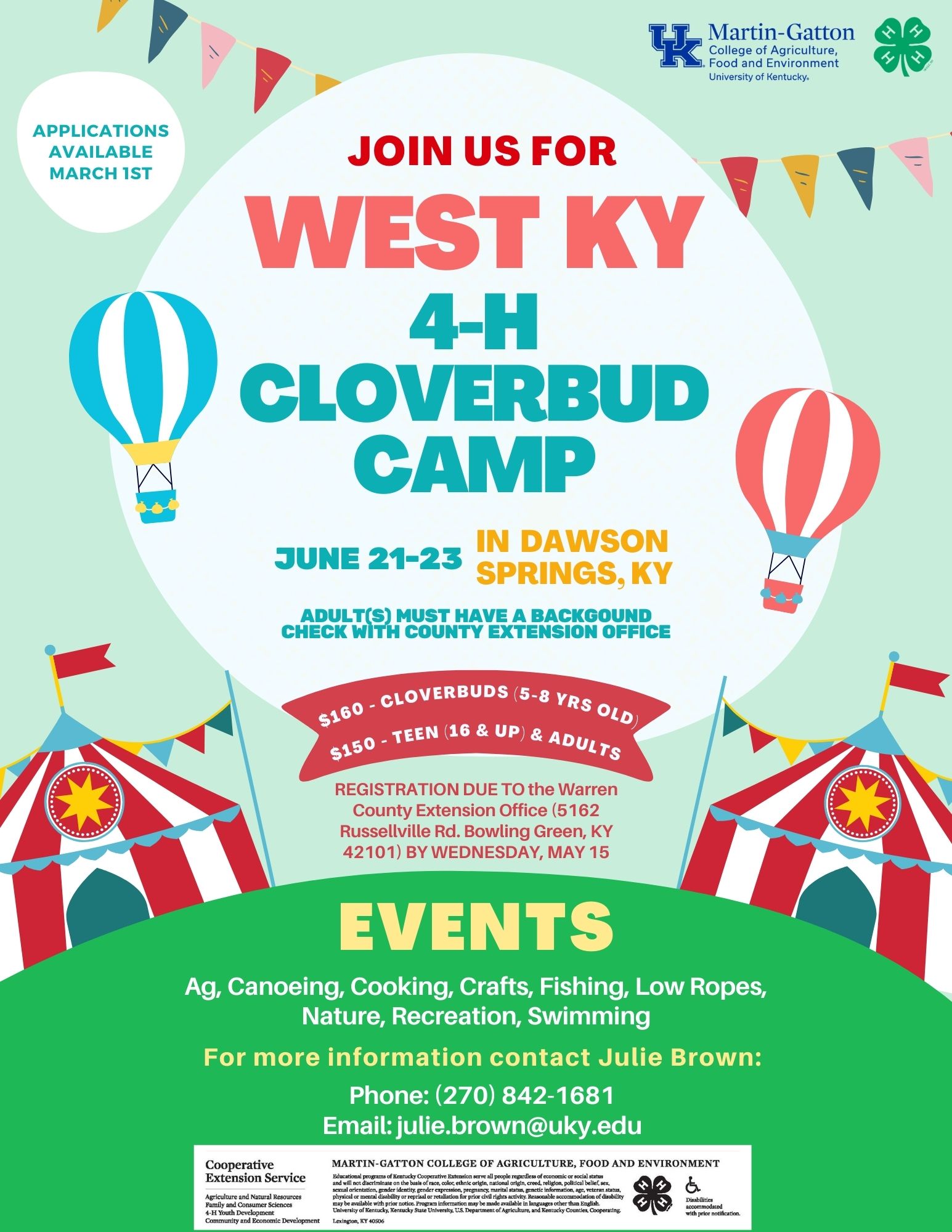 Cloverbud camp june 21-23 $160 5-8 yar olds $150 16 and up. Register by may 15