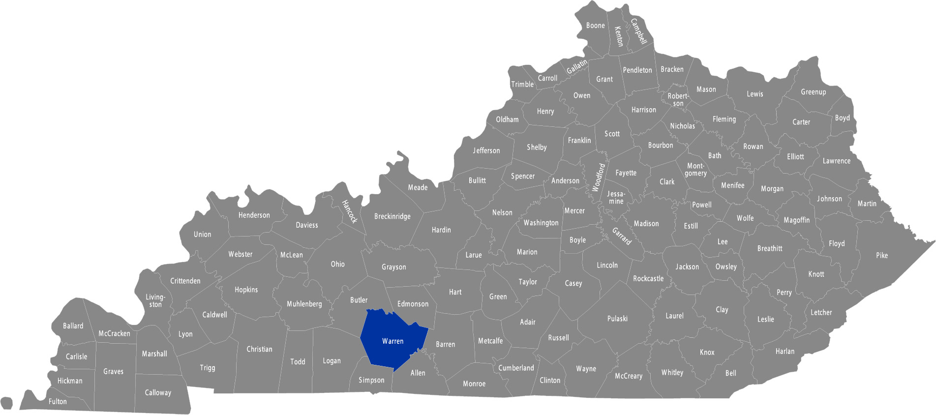 Kentucky map with Warren county highlighted in blue